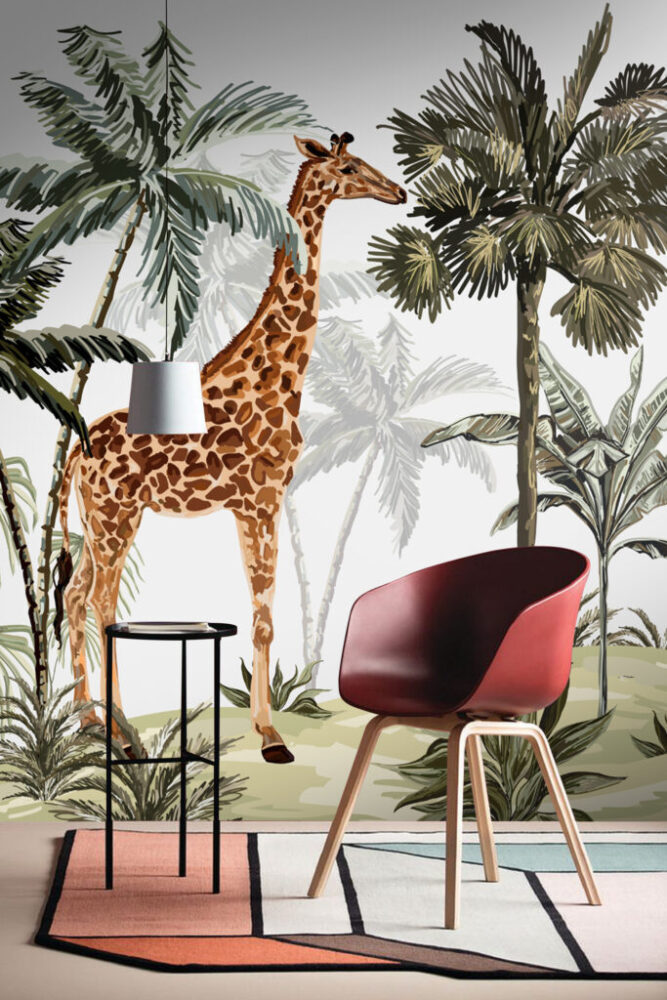 Jungle Giraffe and Cheetah Wallpaper : Palm Safari Mural - View 5