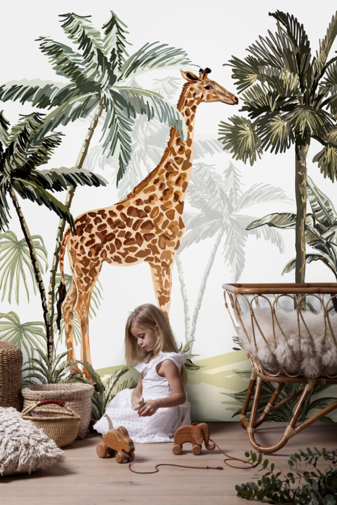 Jungle Giraffe and Cheetah Wallpaper : Palm Safari Mural - View 4