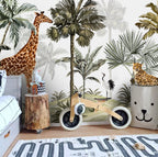 Jungle Giraffe and Cheetah Wallpaper : Palm Safari Mural - View 3