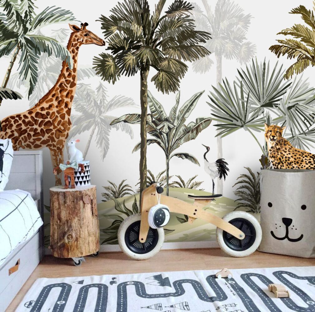 Jungle Giraffe and Cheetah Wallpaper : Palm Safari Mural - View 3