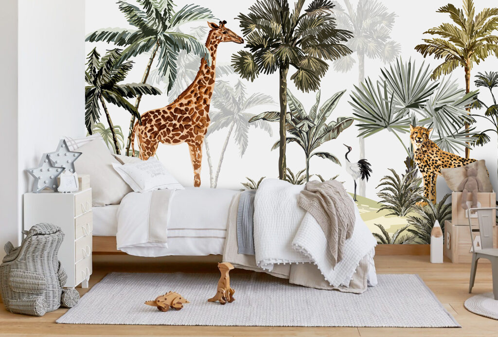 Jungle Giraffe and Cheetah Wallpaper : Palm Safari Mural - View 2