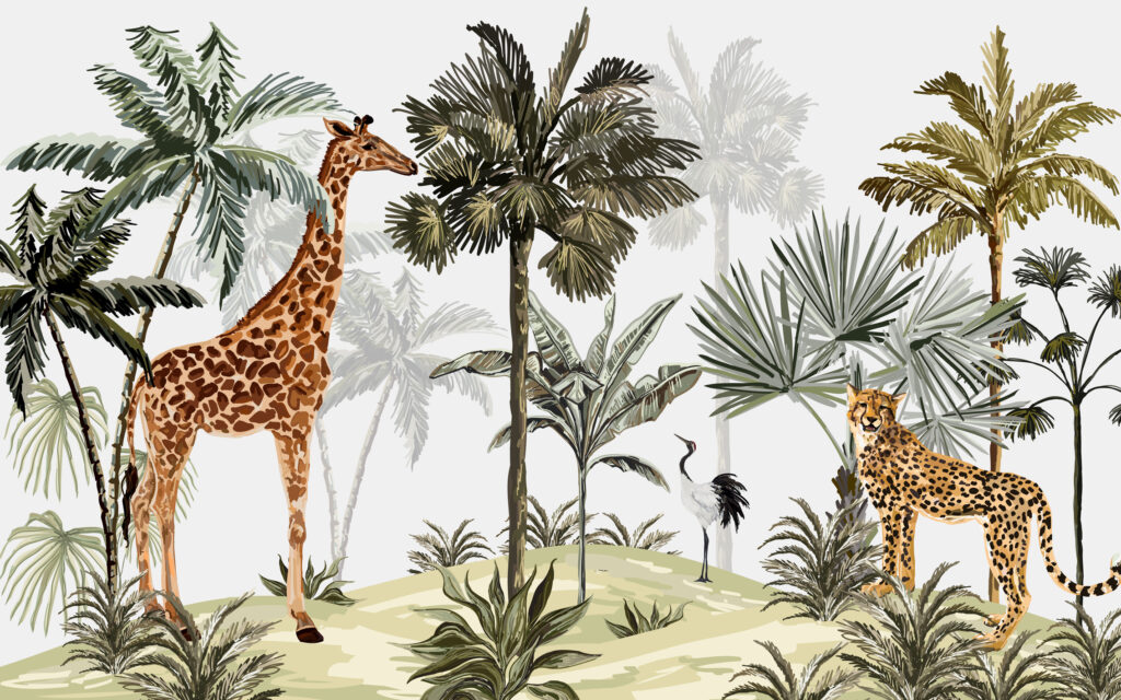 Jungle Giraffe and Cheetah Wallpaper : Palm Safari Mural - flat design