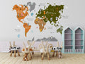 Olive and Orange Kids World Map Wallpaper : Cute Animals Mural