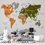 Olive and Orange Kids World Map Wallpaper : Cute Animals Mural - View 2