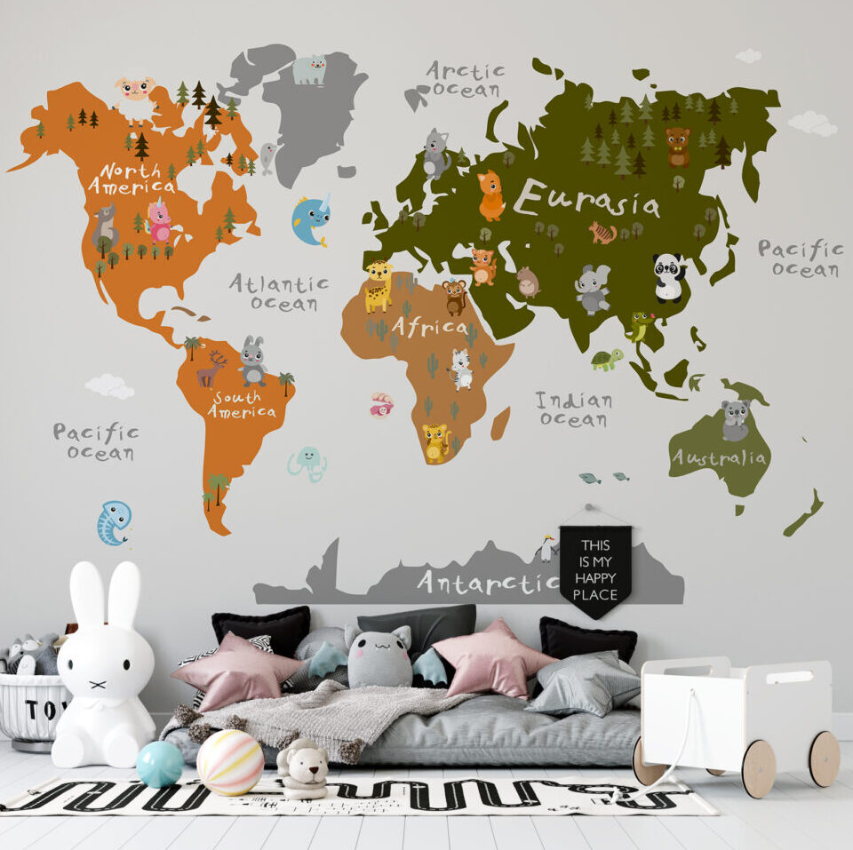 Olive and Orange Kids World Map Wallpaper : Cute Animals Mural - View 2