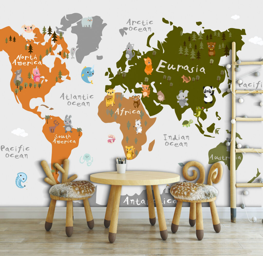 Olive and Orange Kids World Map Wallpaper : Cute Animals Mural - View 5