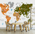 Olive and Orange Kids World Map Wallpaper : Cute Animals Mural - View 5
