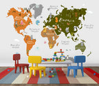 Olive and Orange Kids World Map Wallpaper : Cute Animals Mural - View 4