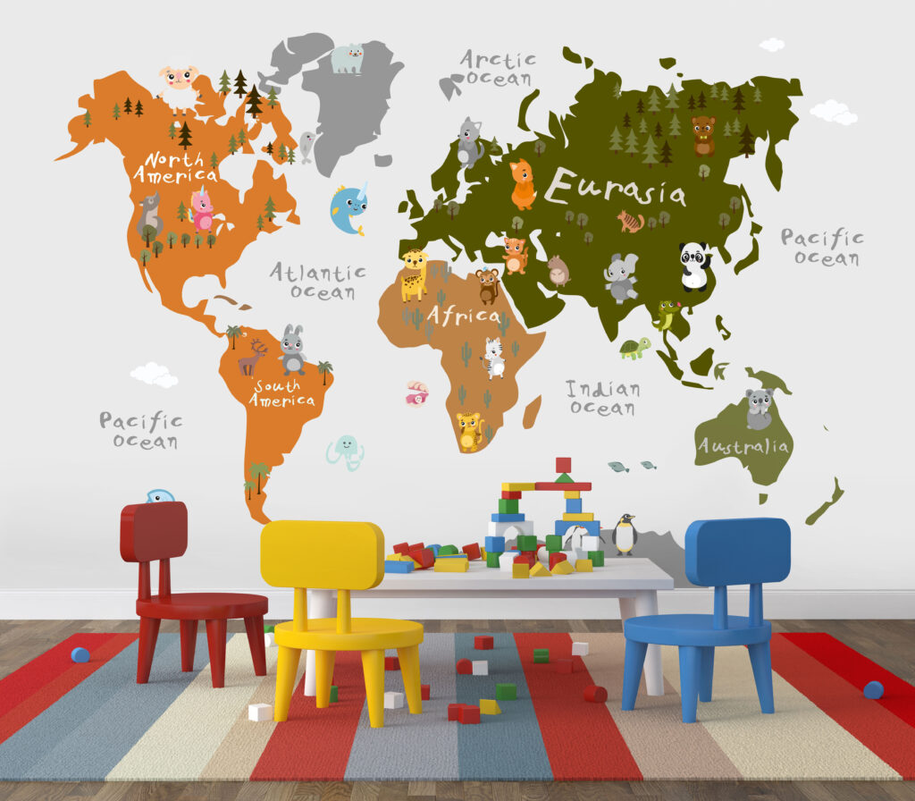 Olive and Orange Kids World Map Wallpaper : Cute Animals Mural - View 4