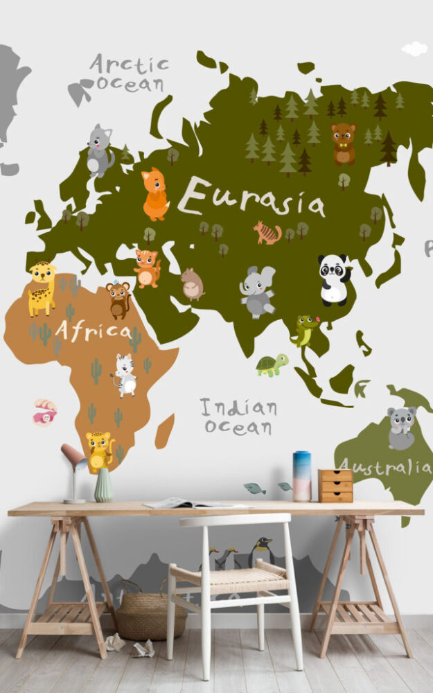 Olive and Orange Kids World Map Wallpaper : Cute Animals Mural - View 3