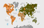 Olive and Orange Kids World Map Wallpaper : Cute Animals Mural - flat design