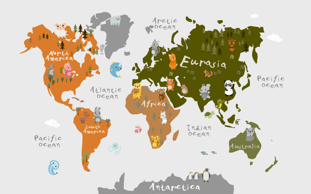Olive and Orange Kids World Map Wallpaper : Cute Animals Mural - flat design