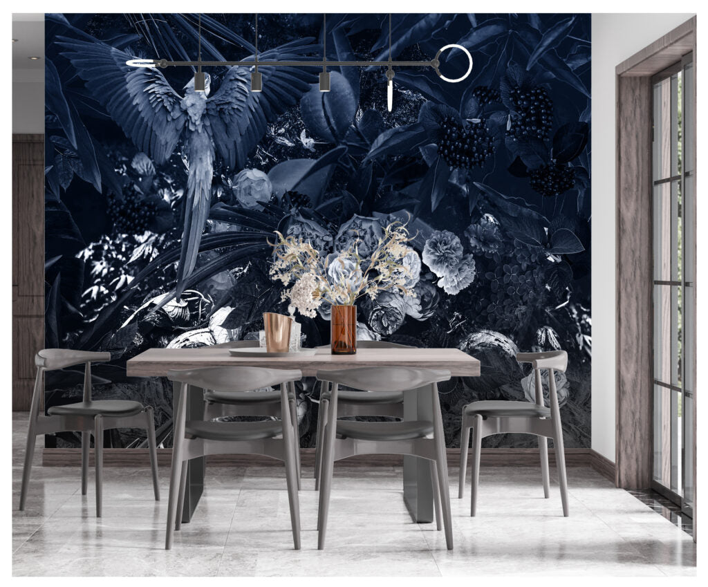 Navy Parrot and Peony Wallpaper : Dark Moody Floral Mural - View 2