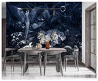 Navy Parrot and Peony Wallpaper : Dark Moody Floral Mural - View 2