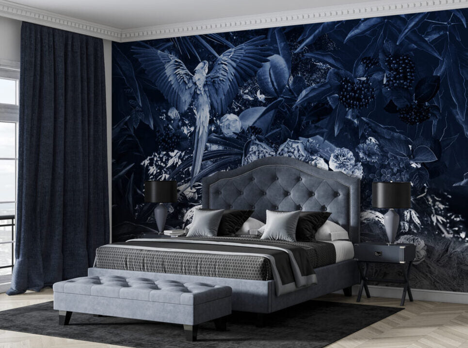 Navy Parrot and Peony Wallpaper : Dark Moody Floral Mural