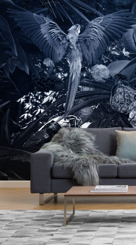 Navy Parrot and Peony Wallpaper : Dark Moody Floral Mural - View 5