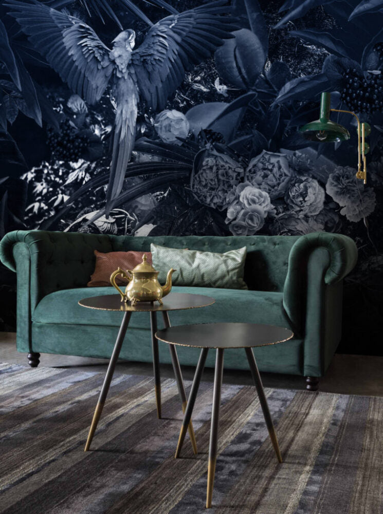 Navy Parrot and Peony Wallpaper : Dark Moody Floral Mural - View 4