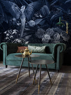 Navy Parrot and Peony Wallpaper : Dark Moody Floral Mural - View 4