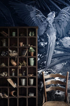 Navy Parrot and Peony Wallpaper : Dark Moody Floral Mural - View 3