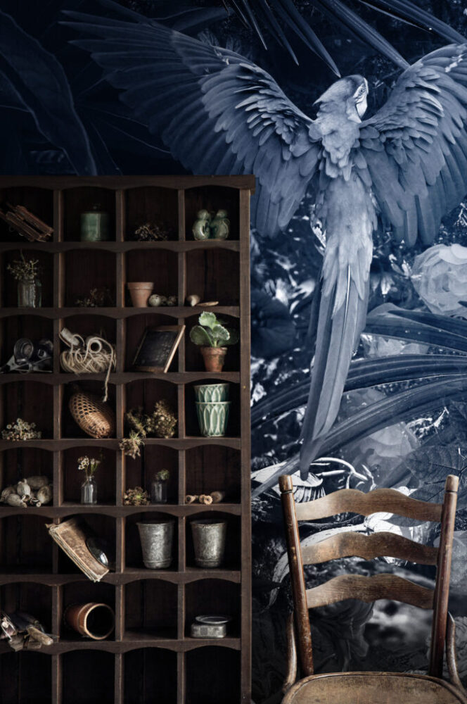 Navy Parrot and Peony Wallpaper : Dark Moody Floral Mural - View 3