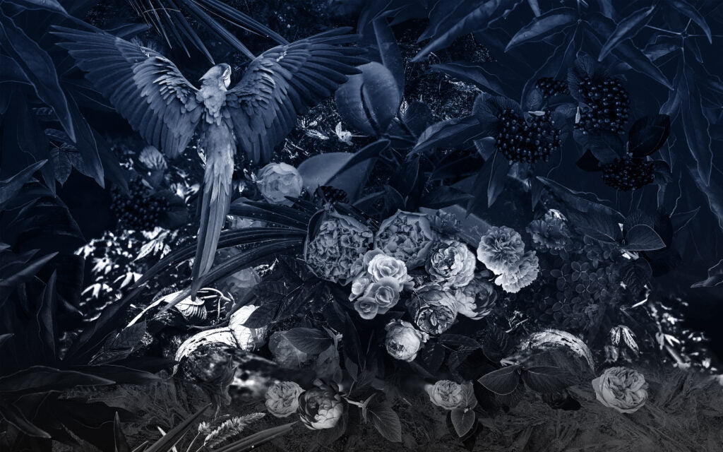 Navy Parrot and Peony Wallpaper : Dark Moody Floral Mural - flat design
