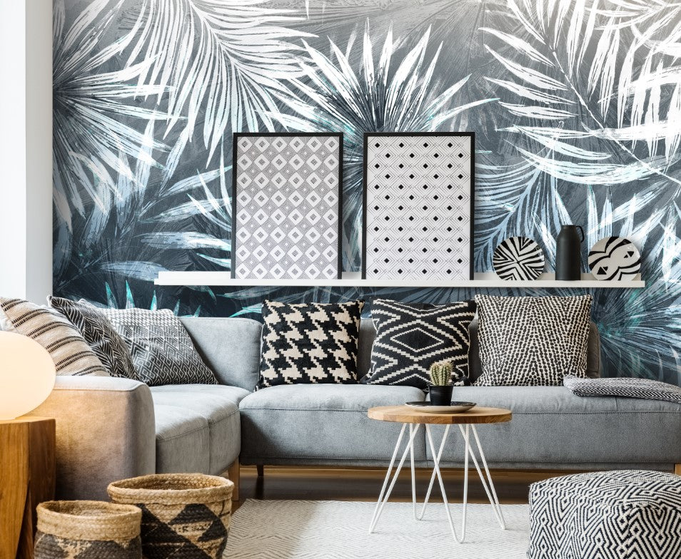 Blue Palm Leaf Wallpaper : Textured Tropical Frond Mural