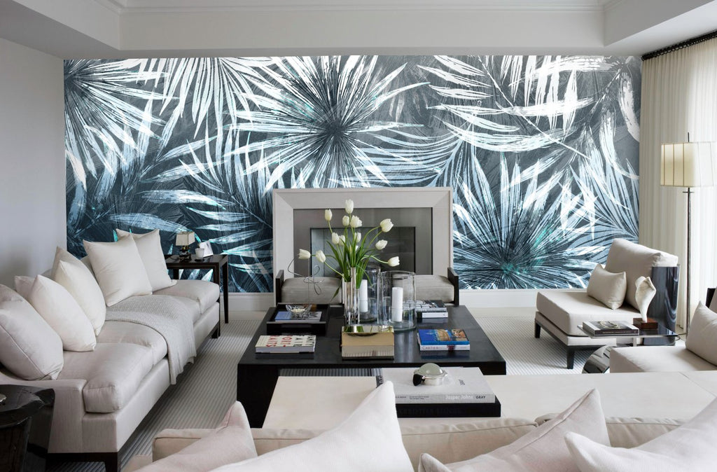 Blue Palm Leaf Wallpaper : Textured Tropical Frond Mural - View 3
