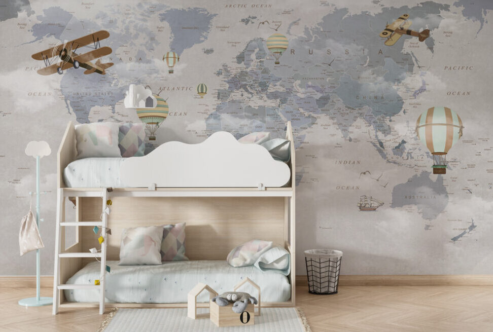 Soft Blue World Map Wallpaper : Vintage Planes and Balloons Kids Mural