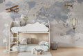 Soft Blue World Map Wallpaper : Vintage Planes and Balloons Kids Mural