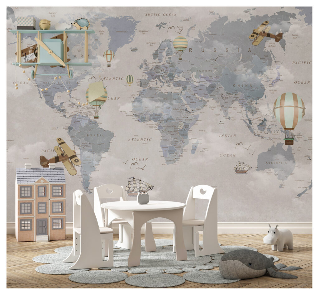 Soft Blue World Map Wallpaper : Vintage Planes and Balloons Kids Mural - View 2