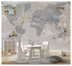 Soft Blue World Map Wallpaper : Vintage Planes and Balloons Kids Mural - View 2