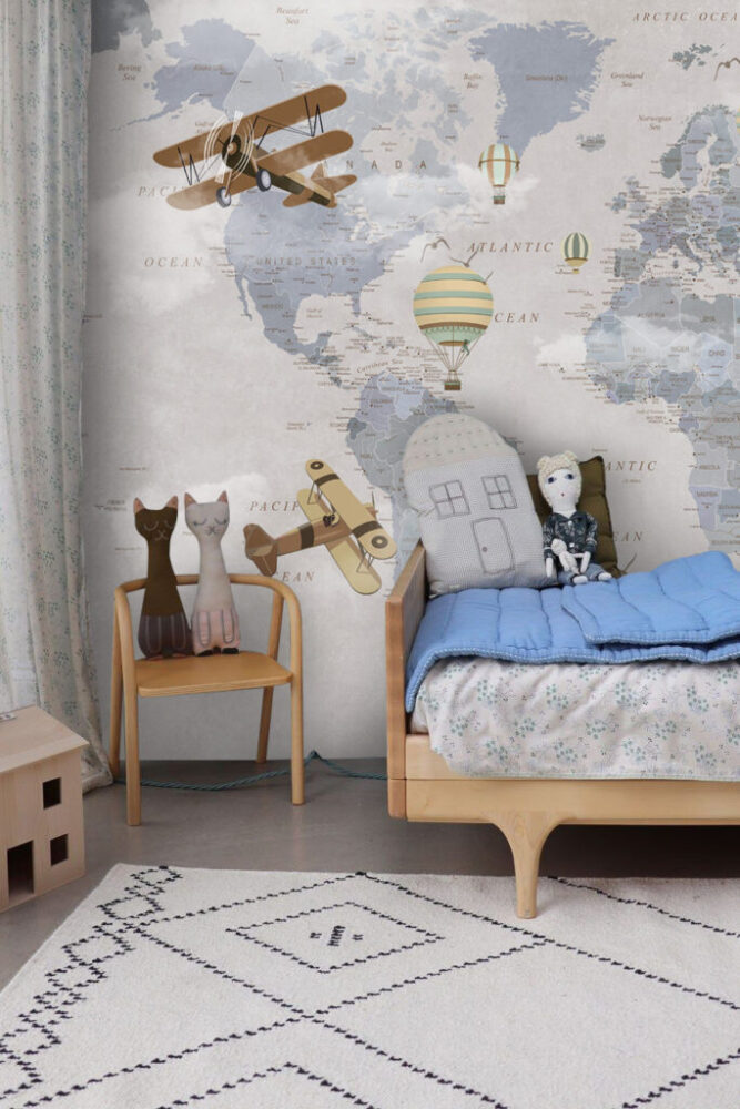 Soft Blue World Map Wallpaper : Vintage Planes and Balloons Kids Mural - View 5