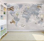 Soft Blue World Map Wallpaper : Vintage Planes and Balloons Kids Mural - View 4