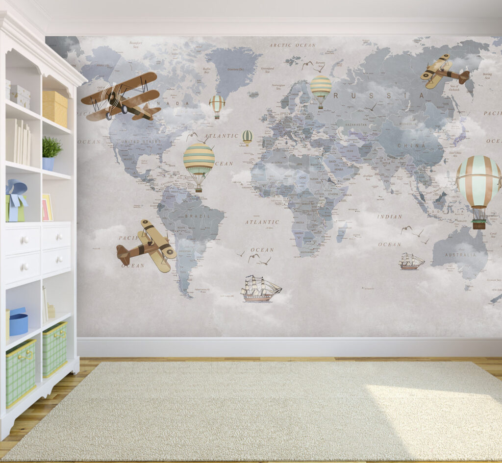 Soft Blue World Map Wallpaper : Vintage Planes and Balloons Kids Mural - View 4