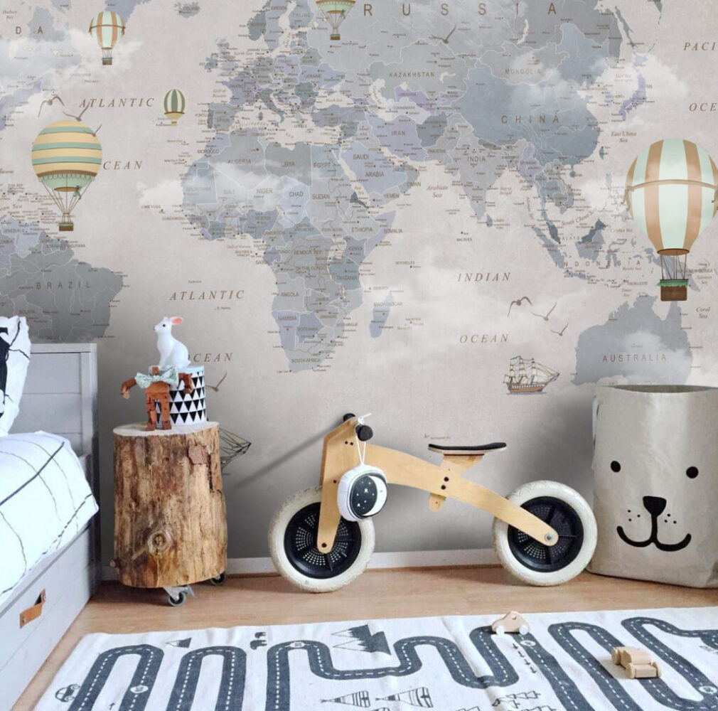 Soft Blue World Map Wallpaper : Vintage Planes and Balloons Kids Mural - View 3