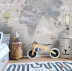 Soft Blue World Map Wallpaper : Vintage Planes and Balloons Kids Mural - View 3