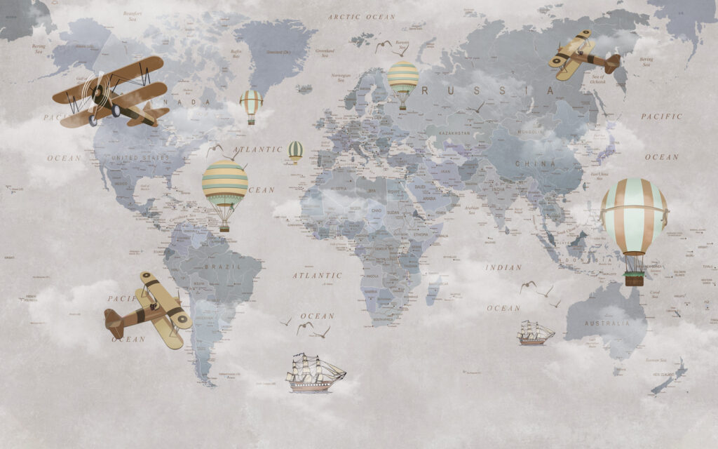 Soft Blue World Map Wallpaper : Vintage Planes and Balloons Kids Mural - flat design