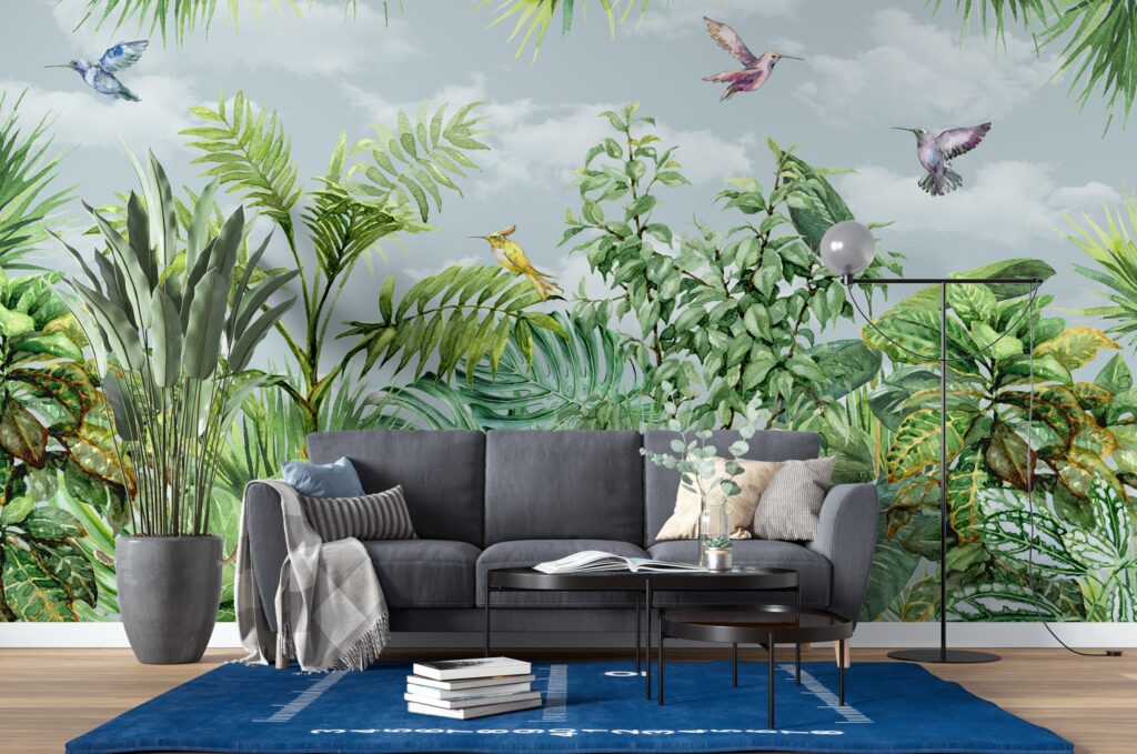 Watercolour Jungle Wallpaper : Hummingbirds and Tropical Leaves Mural