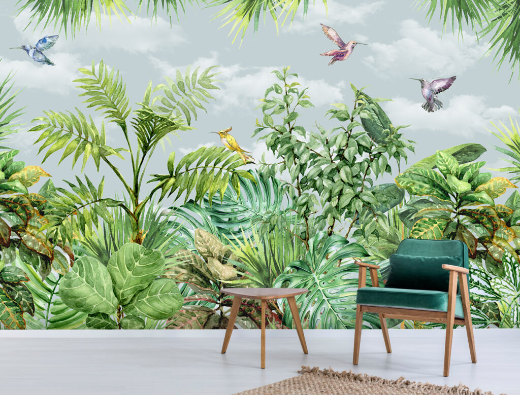 Watercolour Jungle Wallpaper : Hummingbirds and Tropical Leaves Mural - View 4