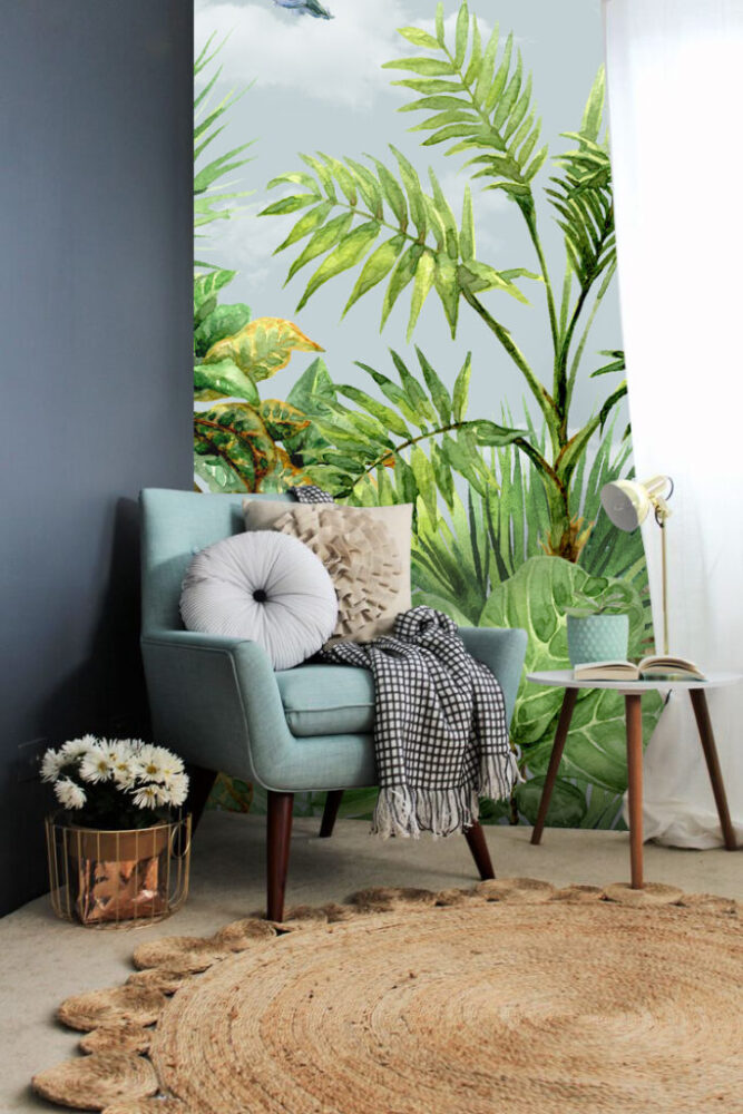Watercolour Jungle Wallpaper : Hummingbirds and Tropical Leaves Mural - View 3