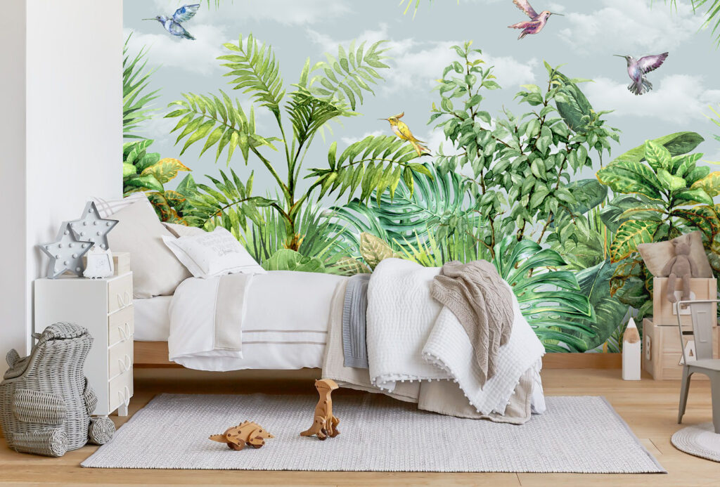 Watercolour Jungle Wallpaper : Hummingbirds and Tropical Leaves Mural - View 2