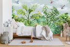 Watercolour Jungle Wallpaper : Hummingbirds and Tropical Leaves Mural - View 2