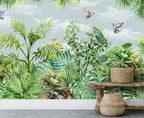 Watercolour Jungle Wallpaper : Hummingbirds and Tropical Leaves Mural - View 5