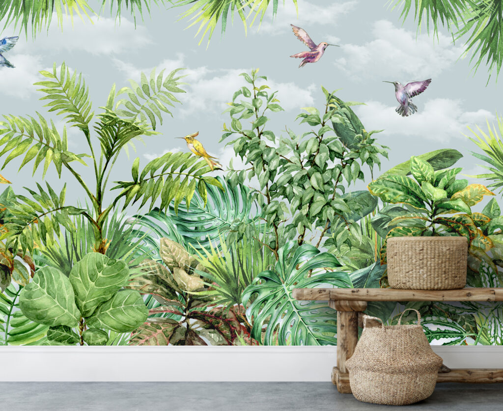 Watercolour Jungle Wallpaper : Hummingbirds and Tropical Leaves Mural - View 5