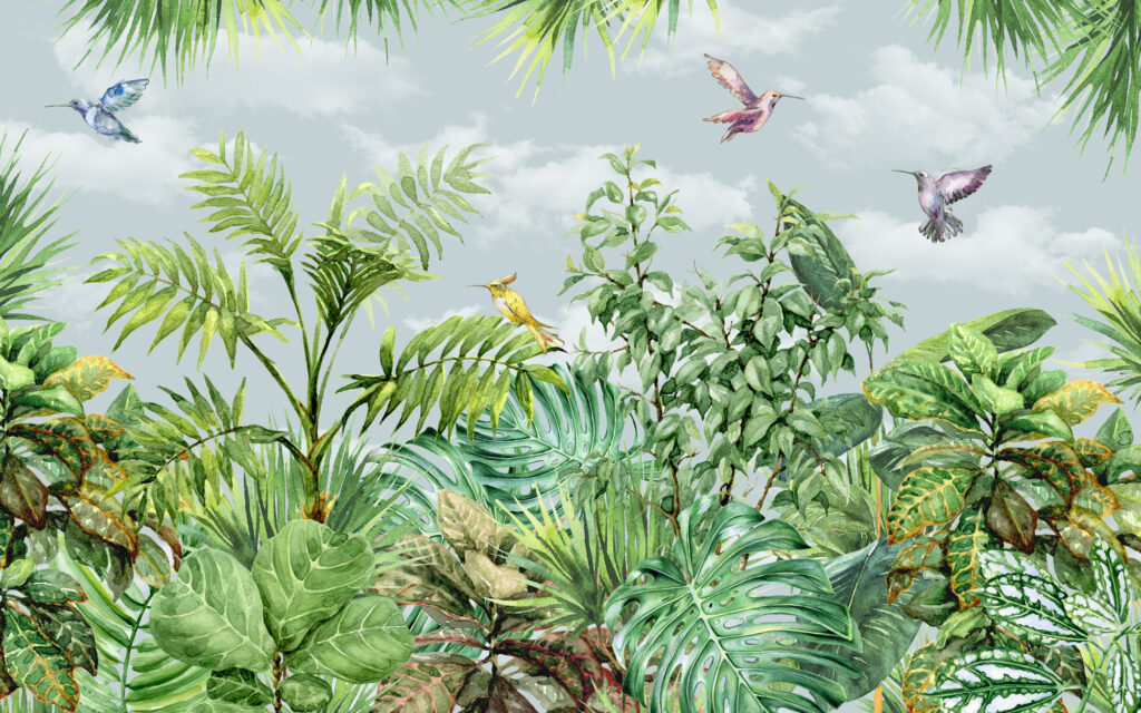 Watercolour Jungle Wallpaper : Hummingbirds and Tropical Leaves Mural - flat design