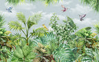 Watercolour Jungle Wallpaper : Hummingbirds and Tropical Leaves Mural - flat design