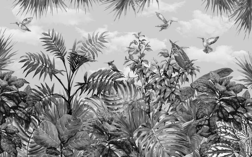 Monochrome Tropical Wallpaper : Hummingbird And Leaves Mural - View 2