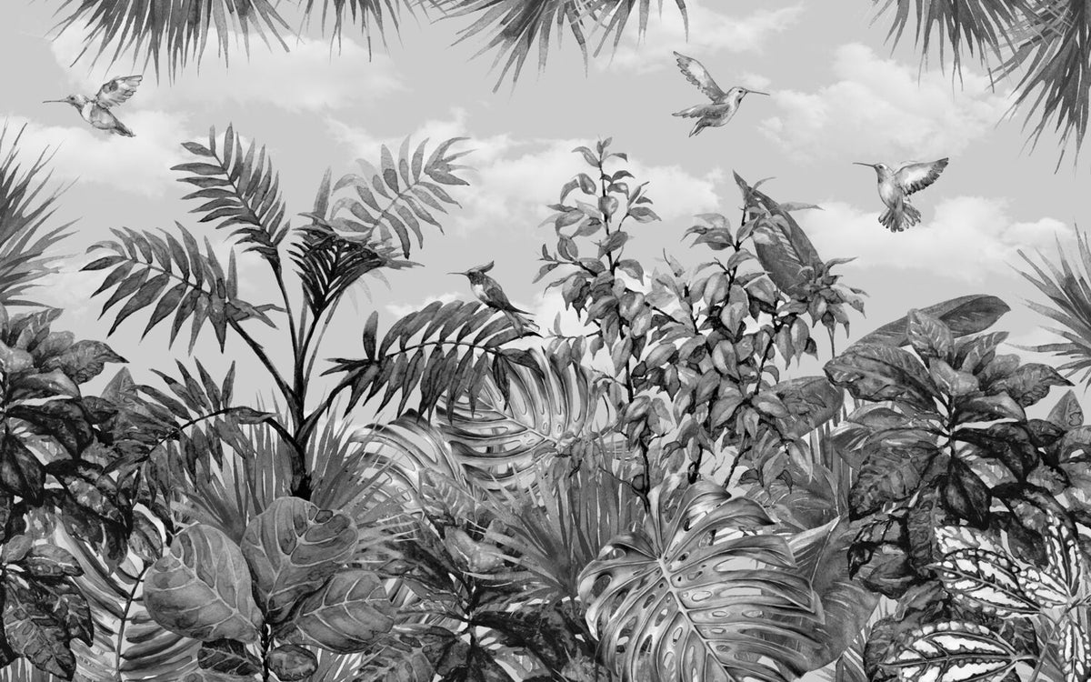 Monochrome Tropical Wallpaper : Hummingbird And Leaves Mural - View 2