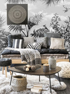 Monochrome Tropical Wallpaper : Hummingbird And Leaves Mural - View 3