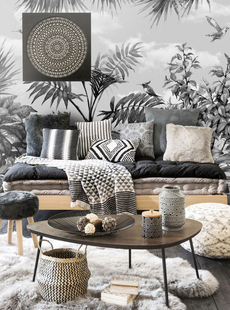 Monochrome Tropical Wallpaper : Hummingbird And Leaves Mural - View 3